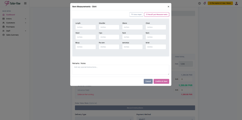 Tailor Flow Order Measurements Modal and Sizing Vault